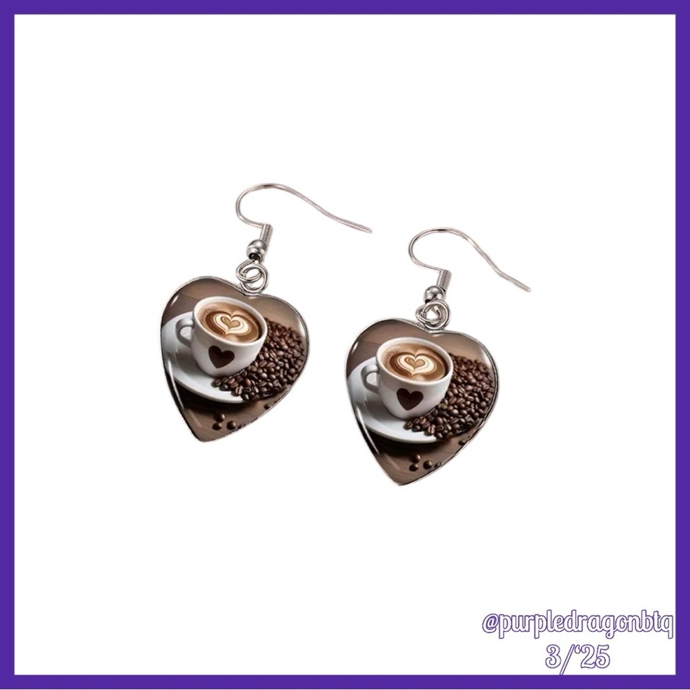 HEART SHAPED COFFEE THEMED EARRINGS NWT